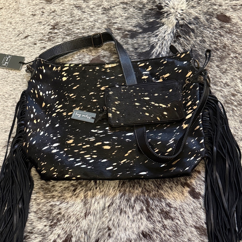 NWT Myra Bag fringe cowhide purse wallet set acid washed